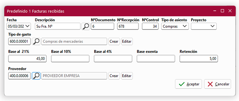 Ventana Predefinido 1 Facturas recibidas en ClassicConta 7.